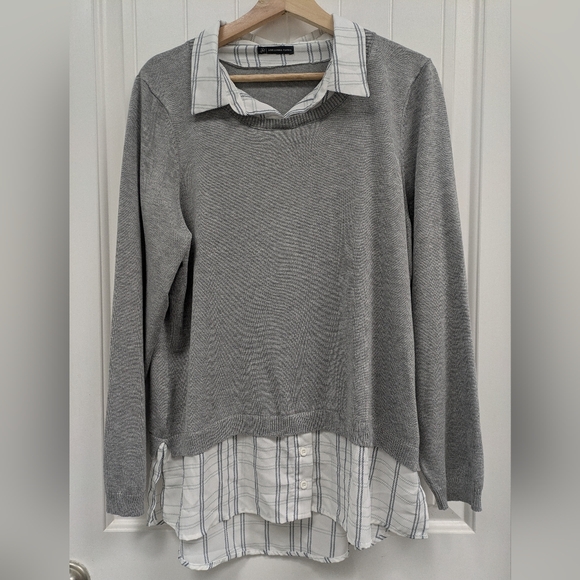 Adrianna Papell Gray Sweater with Striped Layer - Picture 1 of 4